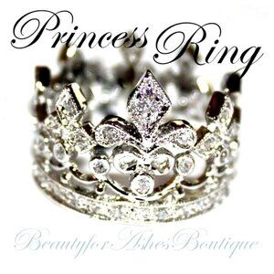 Brass White Gold Pl Fleur de Lis Royalty Princess Clear CZ Crown of Life Ring 7